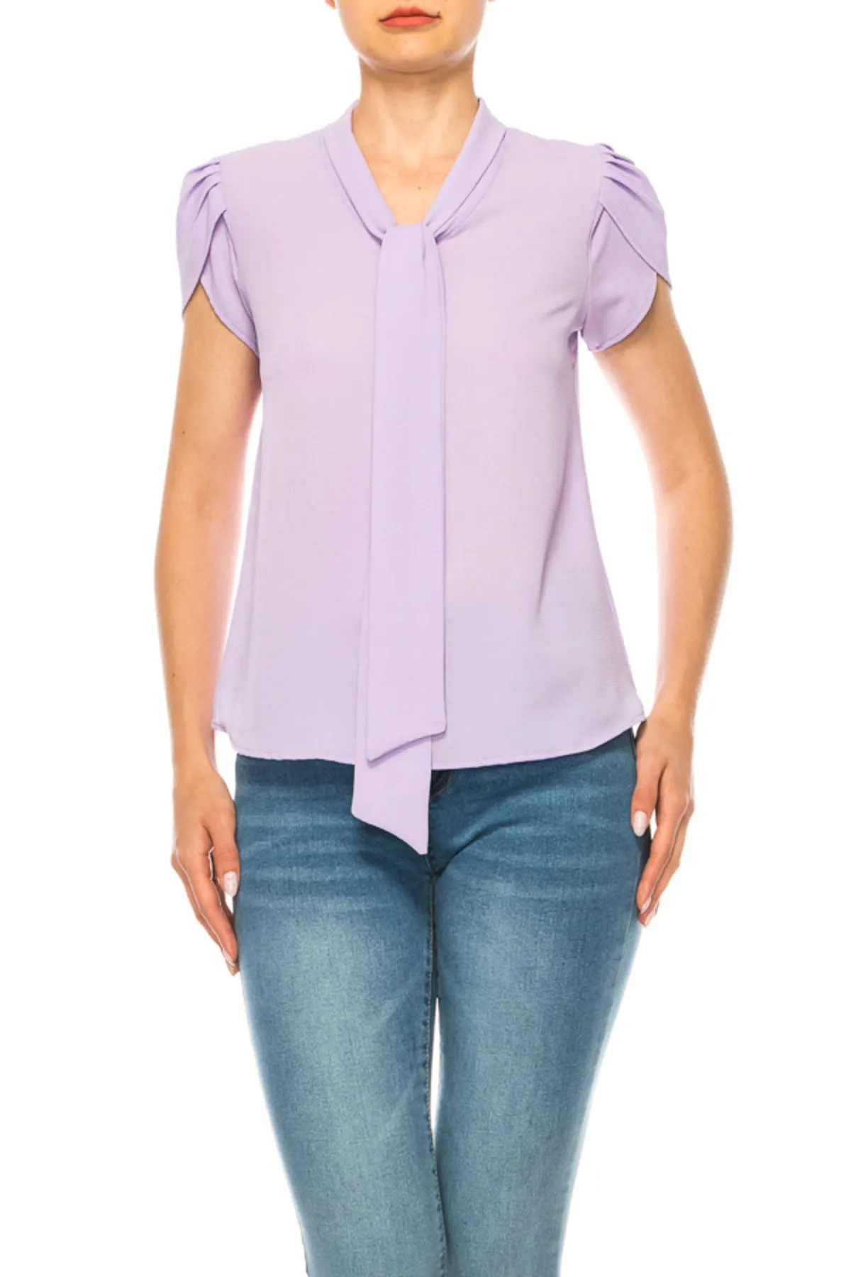 Women's Casual Solid Petal Sleeve Bow Tie Neck Short Sleeve Blouse Shirt Top