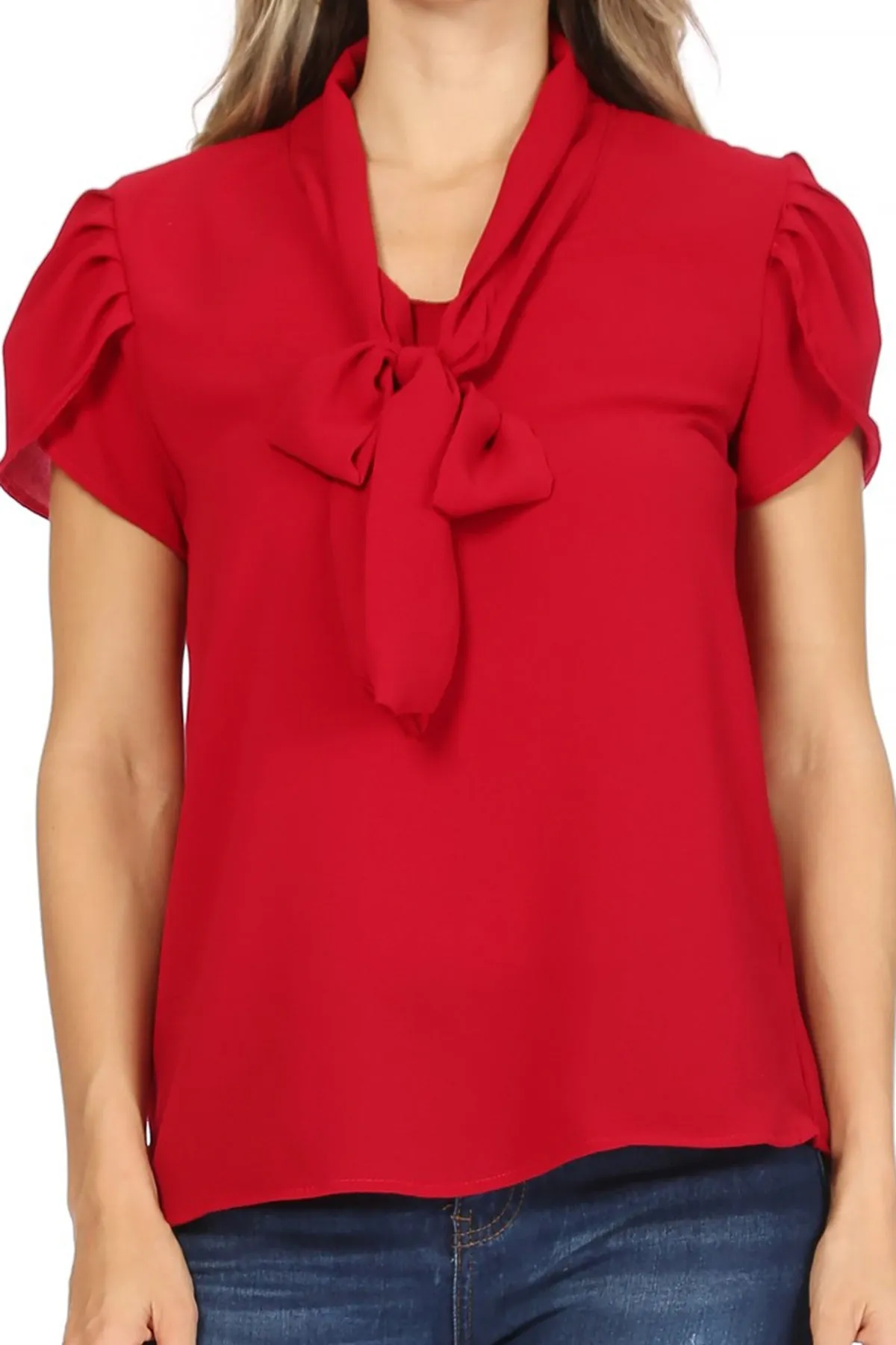 Women's Casual Solid Petal Sleeve Bow Tie Neck Short Sleeve Blouse Shirt Top