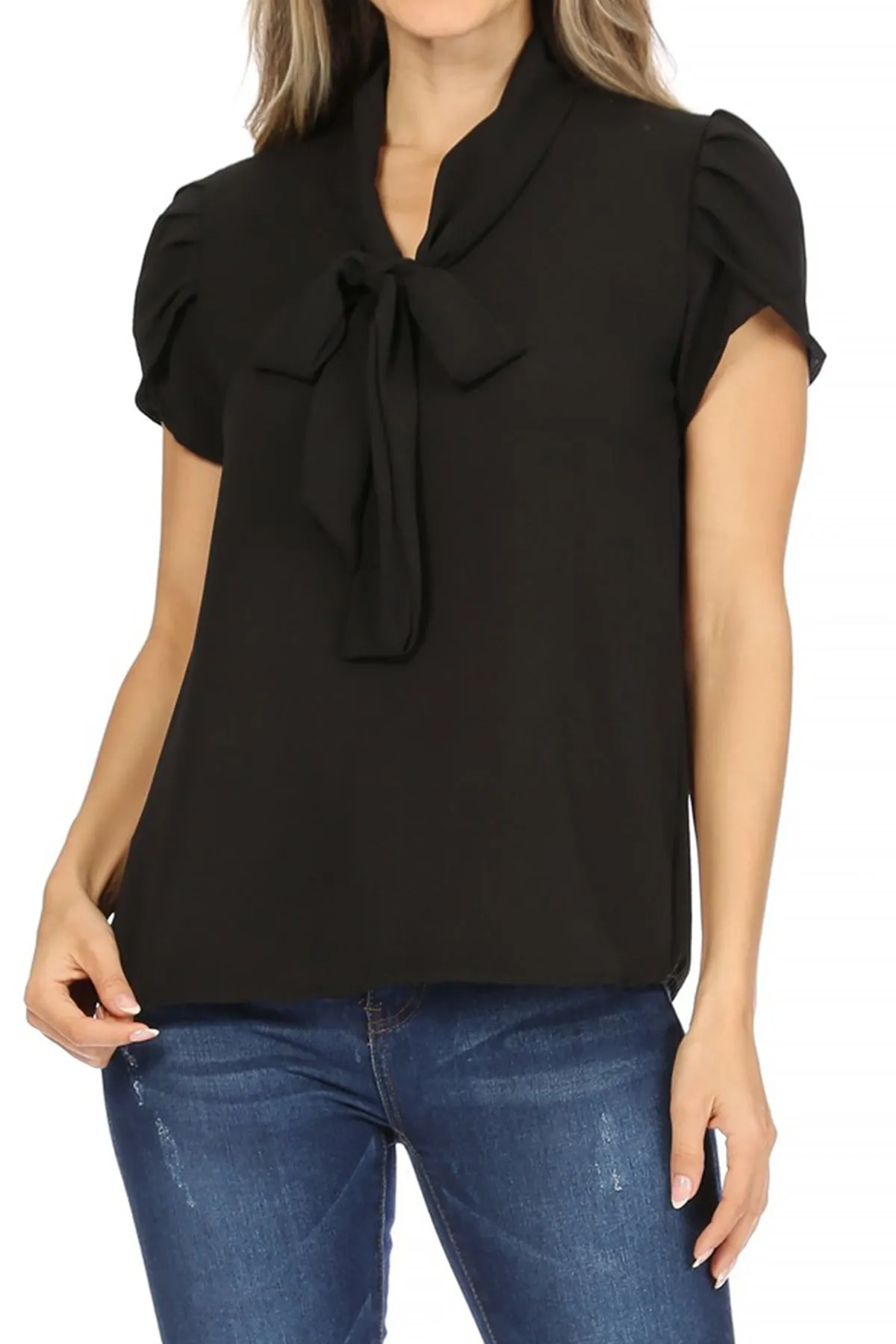Women's Casual Solid Petal Sleeve Bow Tie Neck Short Sleeve Blouse Shirt Top