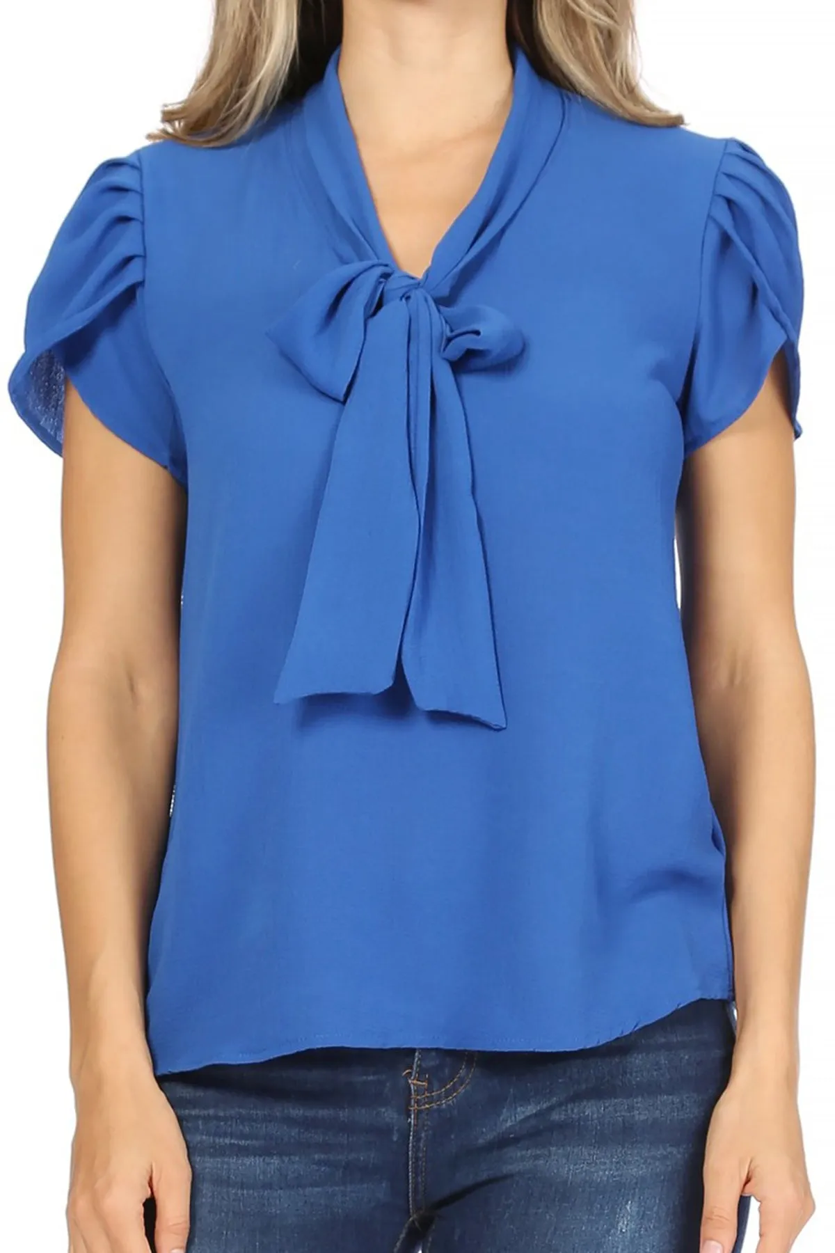Women's Casual Solid Petal Sleeve Bow Tie Neck Short Sleeve Blouse Shirt Top