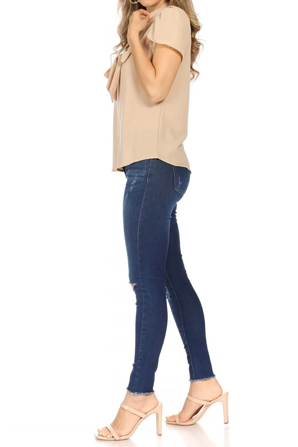 Women's Casual Solid Petal Sleeve Bow Tie Neck Short Sleeve Blouse Shirt Top