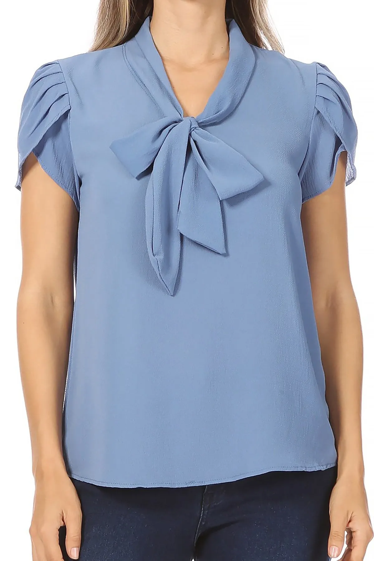 Women's Casual Solid Petal Sleeve Bow Tie Neck Short Sleeve Blouse Shirt Top