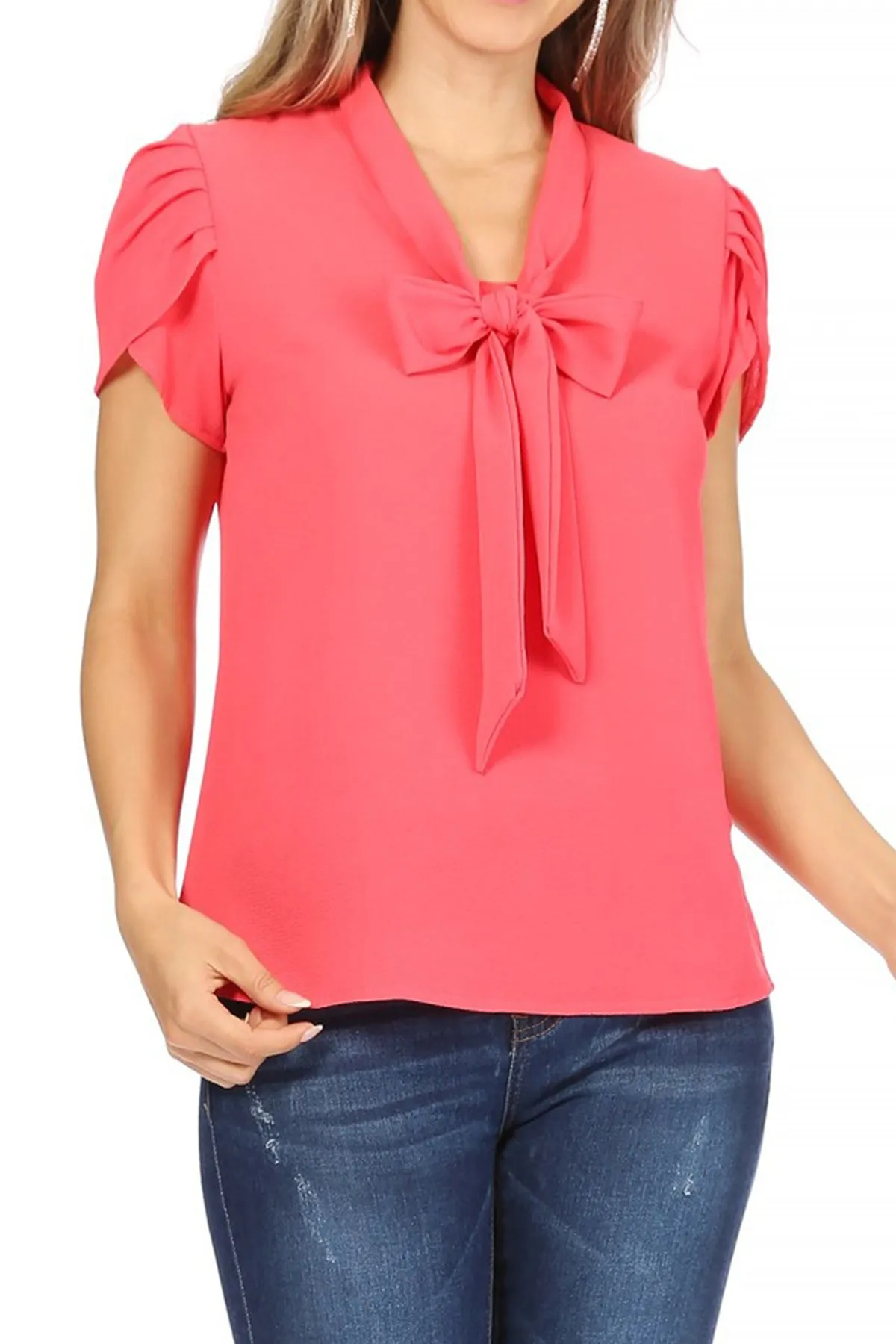Women's Casual Solid Petal Sleeve Bow Tie Neck Short Sleeve Blouse Shirt Top