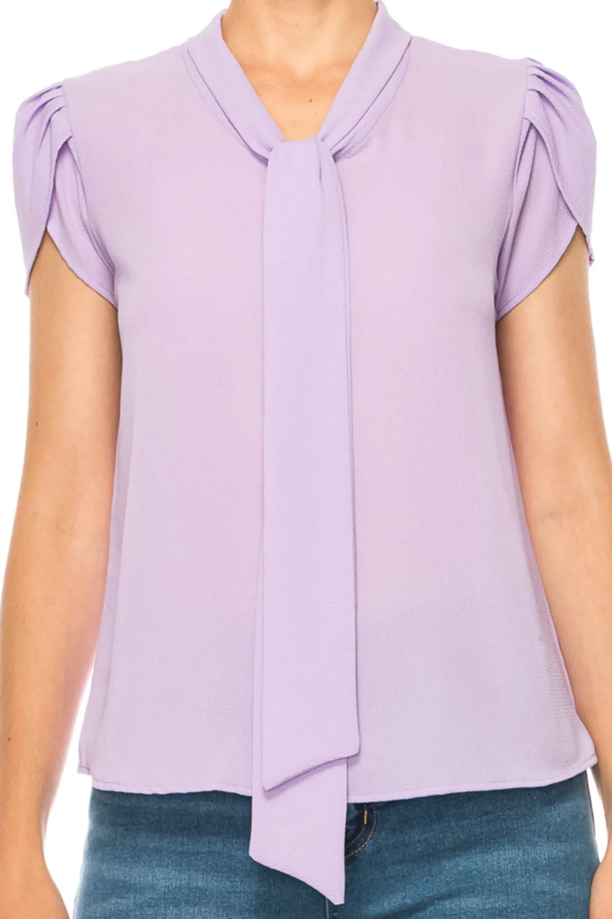 Women's Casual Solid Petal Sleeve Bow Tie Neck Short Sleeve Blouse Shirt Top