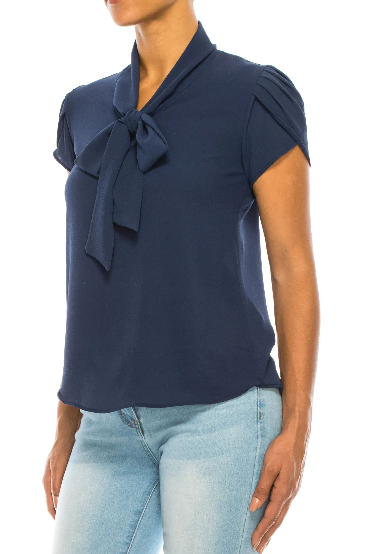Women's Casual Solid Petal Sleeve Bow Tie Neck Short Sleeve Blouse Shirt Top