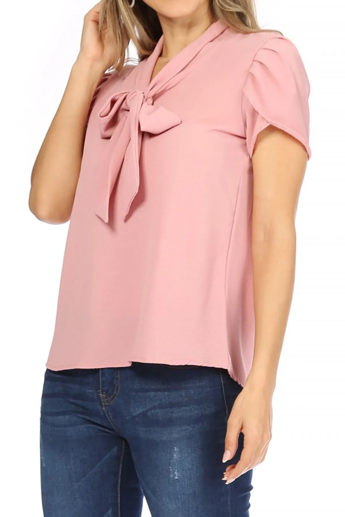 Women's Casual Solid Petal Sleeve Bow Tie Neck Short Sleeve Blouse Shirt Top