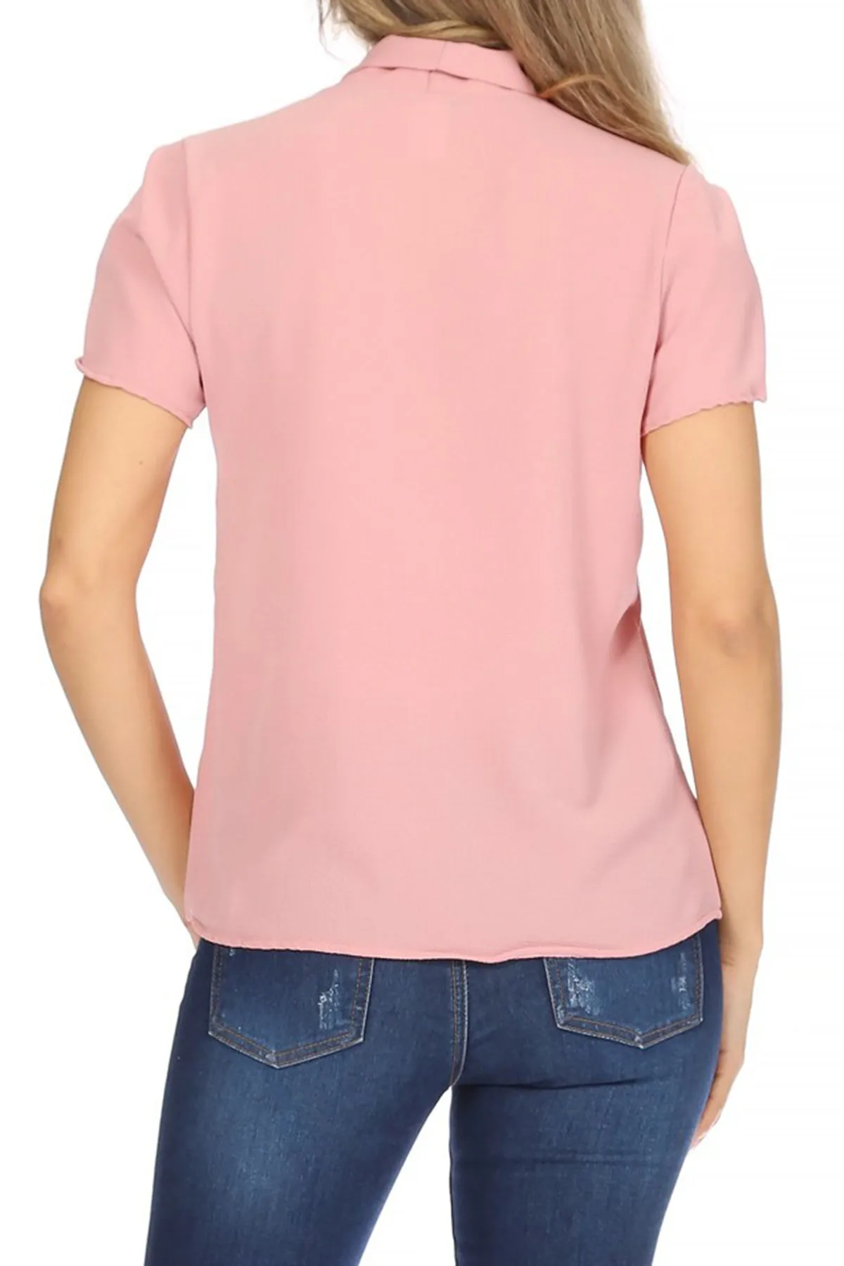 Women's Casual Solid Petal Sleeve Bow Tie Neck Short Sleeve Blouse Shirt Top
