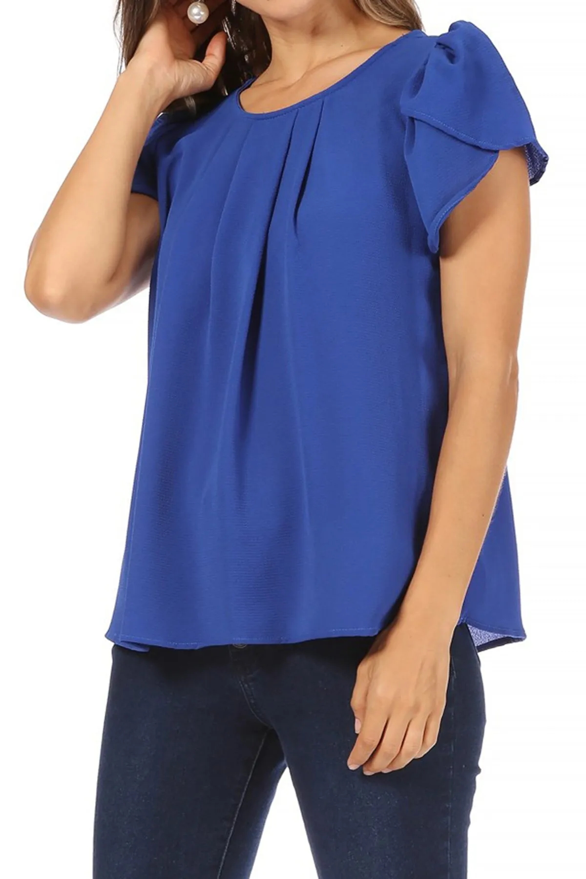 Women's Casual Solid Pleated Front Petal Cap Sleeve Round Neck Blouse
