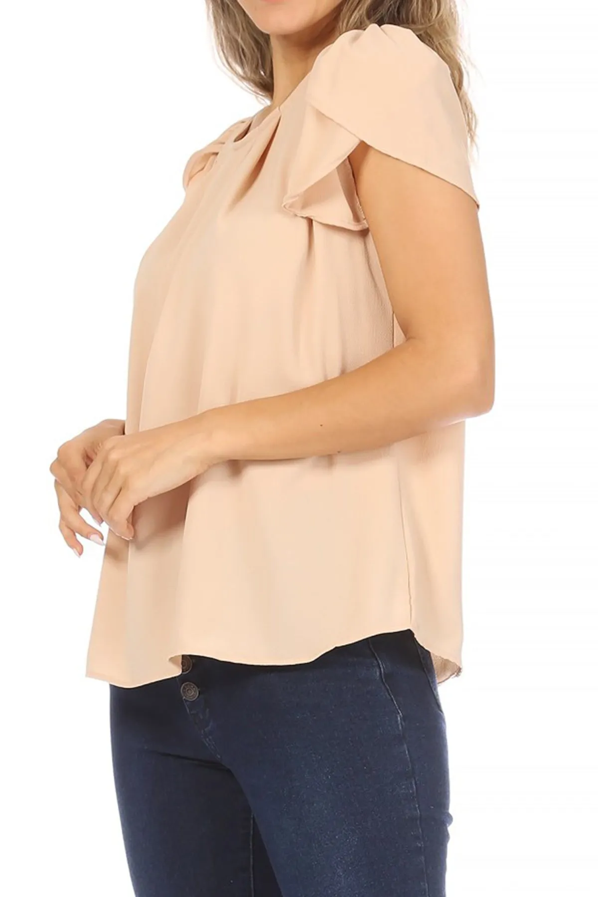 Women's Casual Solid Pleated Front Petal Cap Sleeve Round Neck Blouse