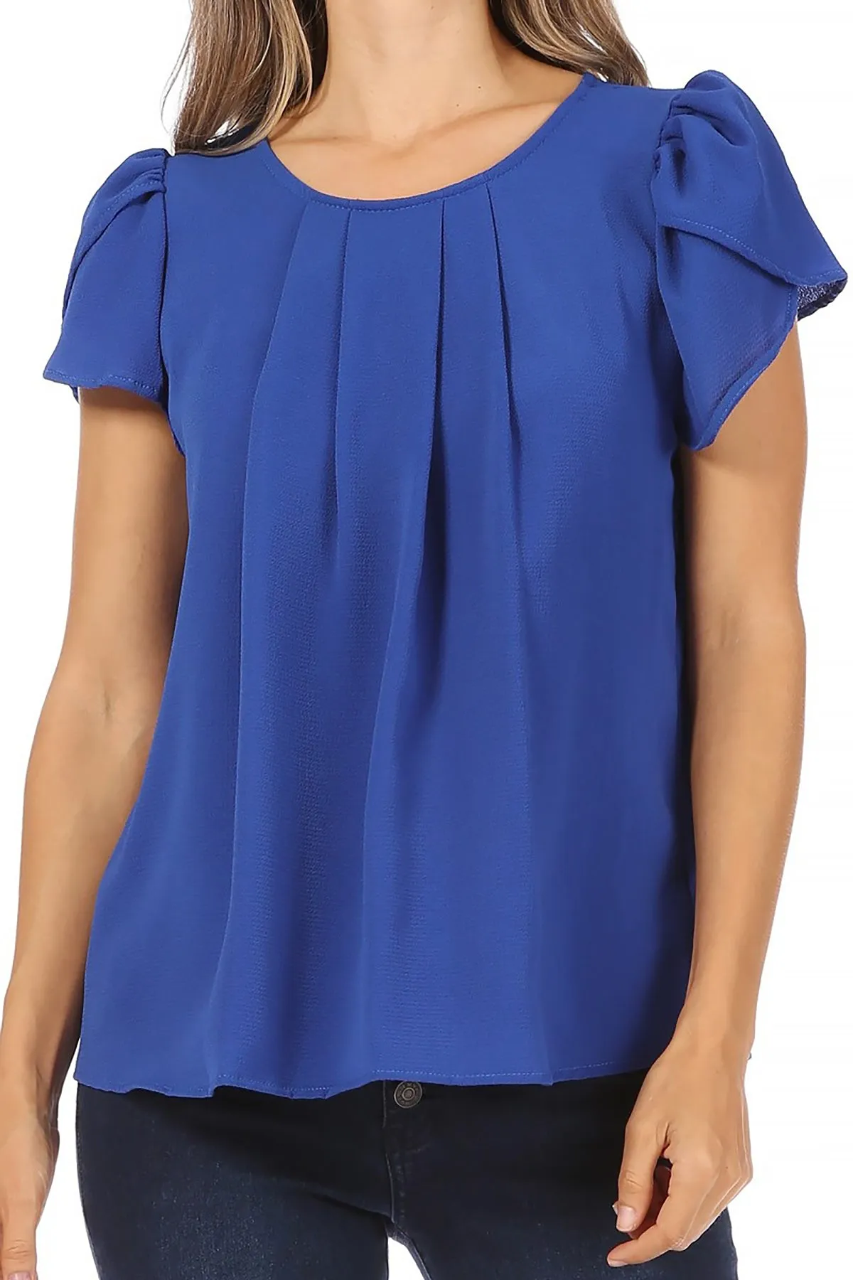 Women's Casual Solid Pleated Front Petal Cap Sleeve Round Neck Blouse