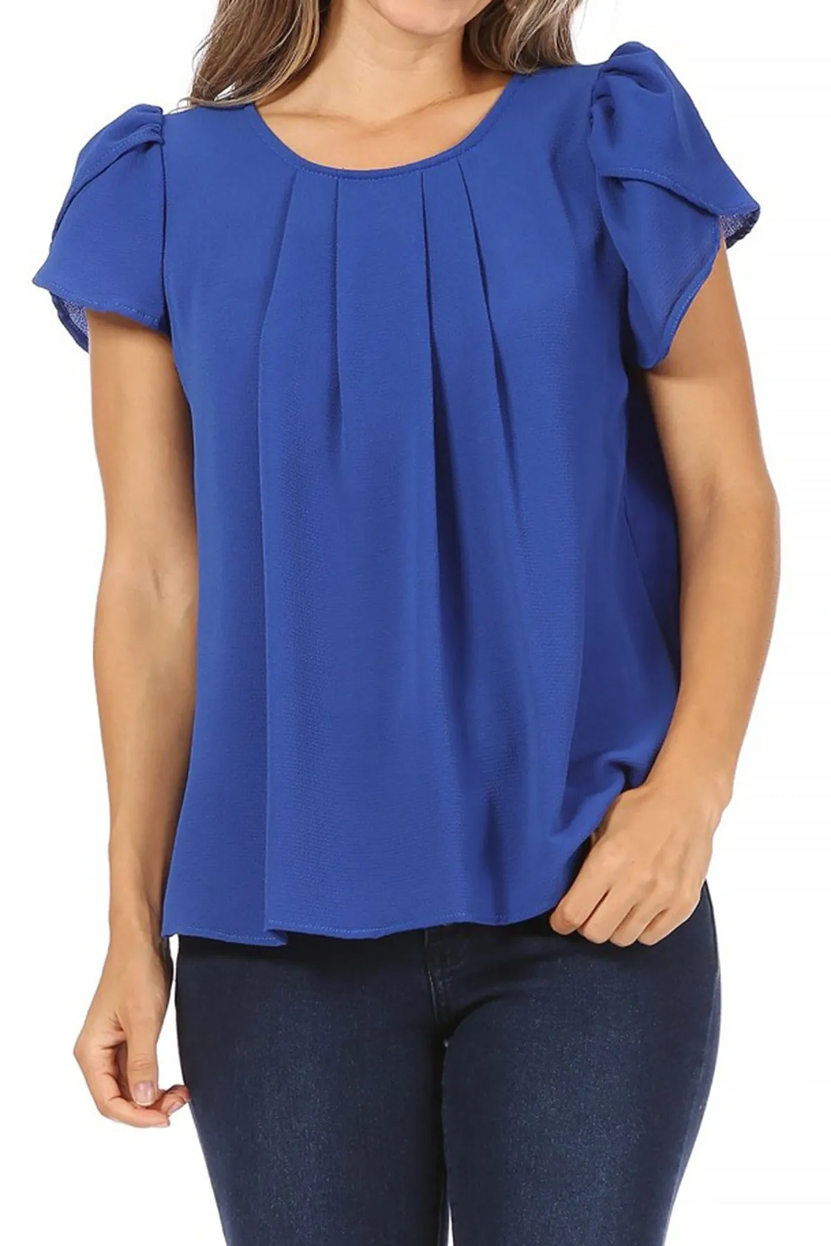 Women's Casual Solid Pleated Front Petal Cap Sleeve Round Neck Blouse