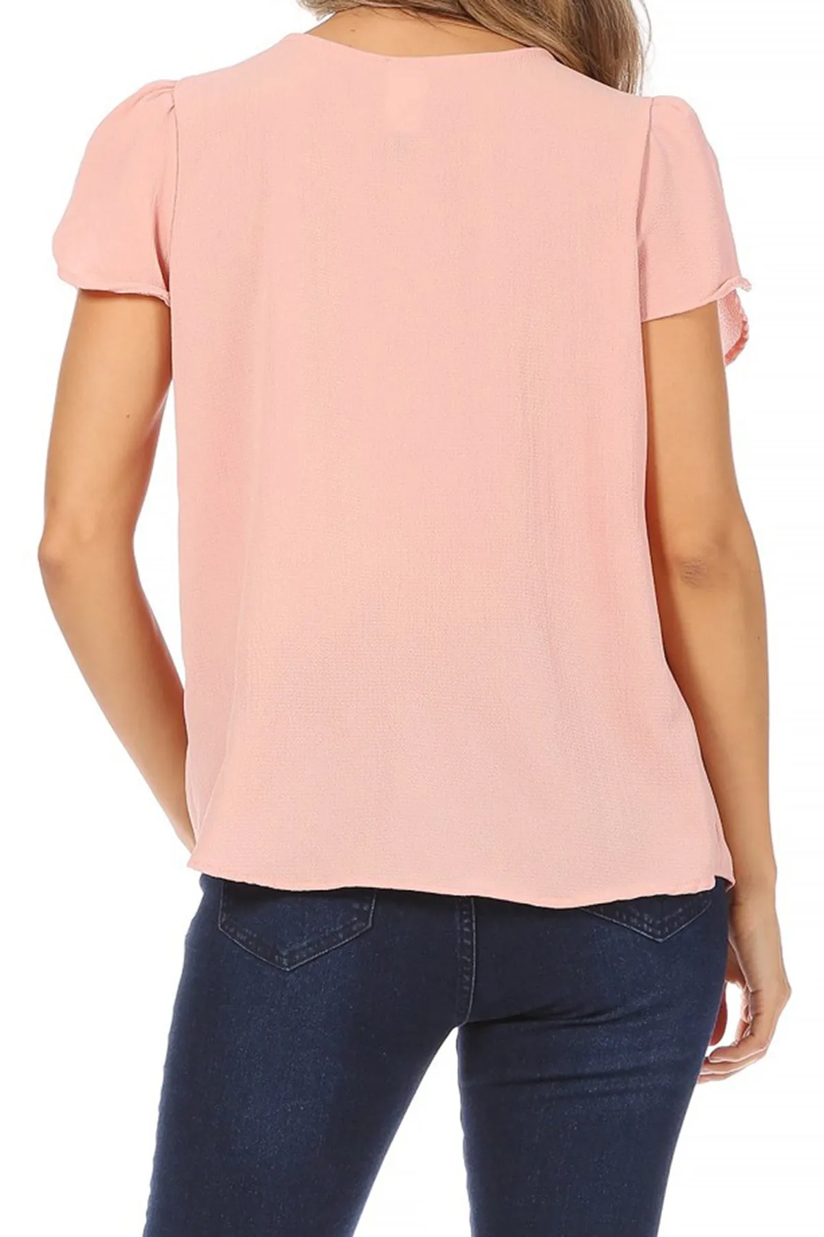 Women's Casual Solid Pleated Front Petal Cap Sleeve Round Neck Blouse