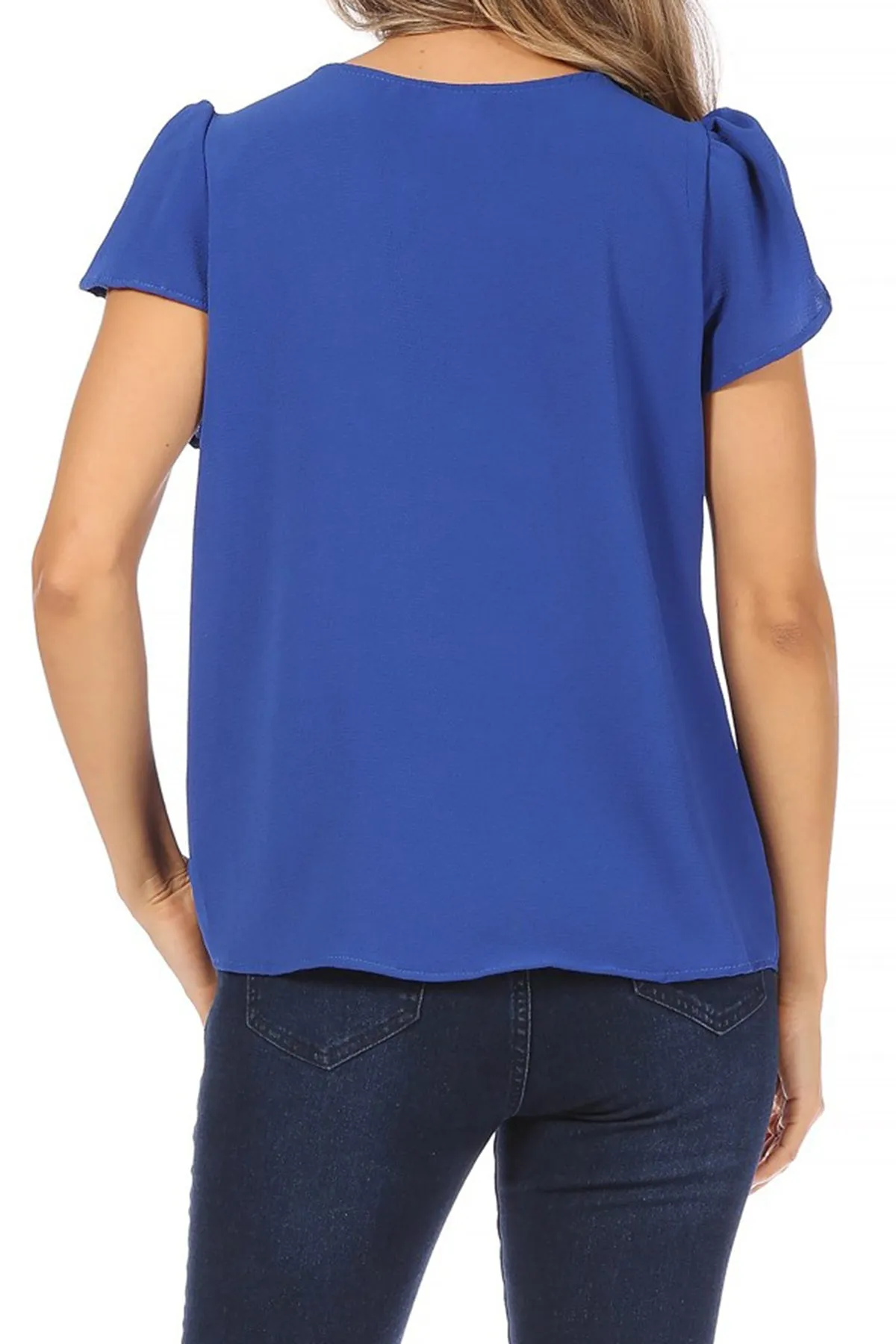 Women's Casual Solid Pleated Front Petal Cap Sleeve Round Neck Blouse