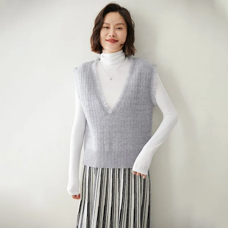 Womens Fringed V-Neck Cashmere Sweater Sleeveless Cashmere Vest