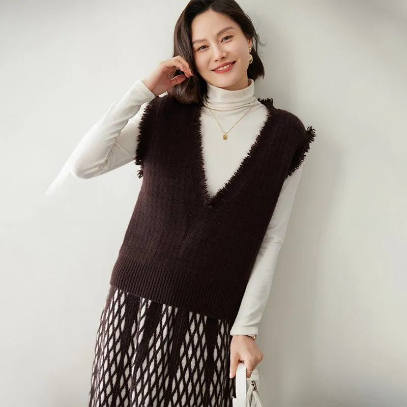Womens Fringed V-Neck Cashmere Sweater Sleeveless Cashmere Vest