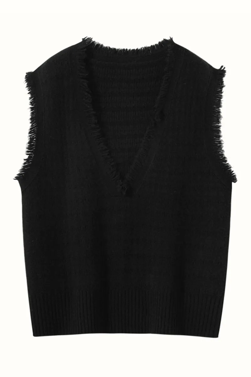 Womens Fringed V-Neck Cashmere Sweater Sleeveless Cashmere Vest