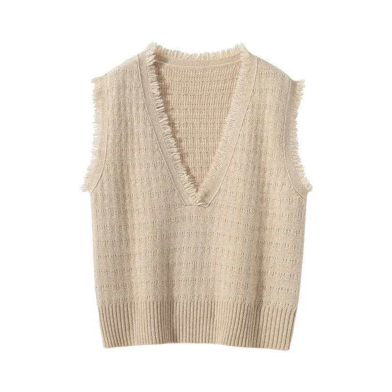 Womens Fringed V-Neck Cashmere Sweater Sleeveless Cashmere Vest
