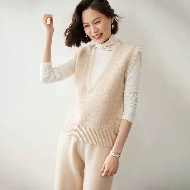 Womens Fringed V-Neck Cashmere Sweater Sleeveless Cashmere Vest