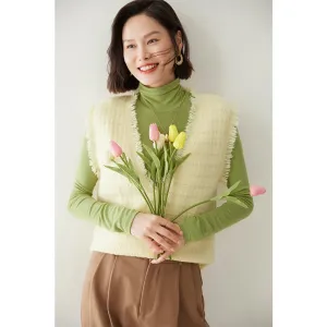 Womens Fringed V-Neck Cashmere Sweater Sleeveless Cashmere Vest