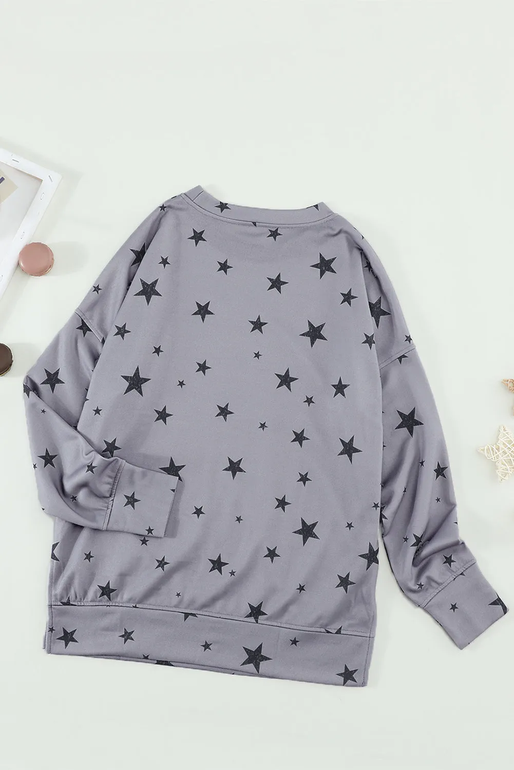 Women's Gray Round Neck Star Print Casual Long Sleeve Top