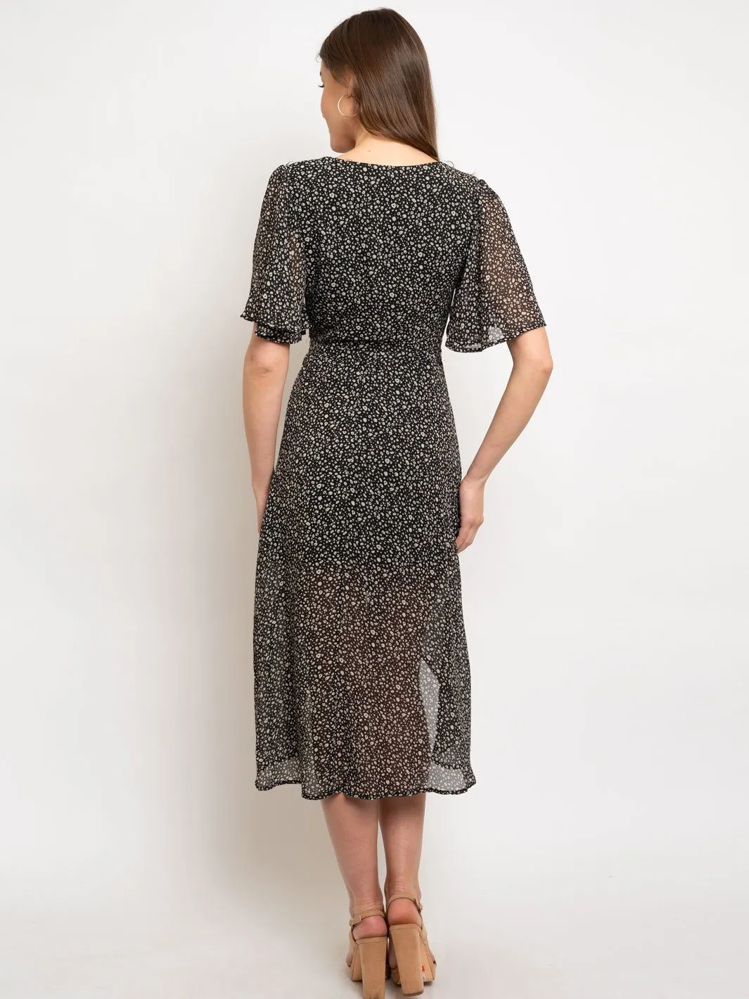 WOMEN'S HALF FLOTTER SLEEVE PRINTED MIDI WRAP DRESS