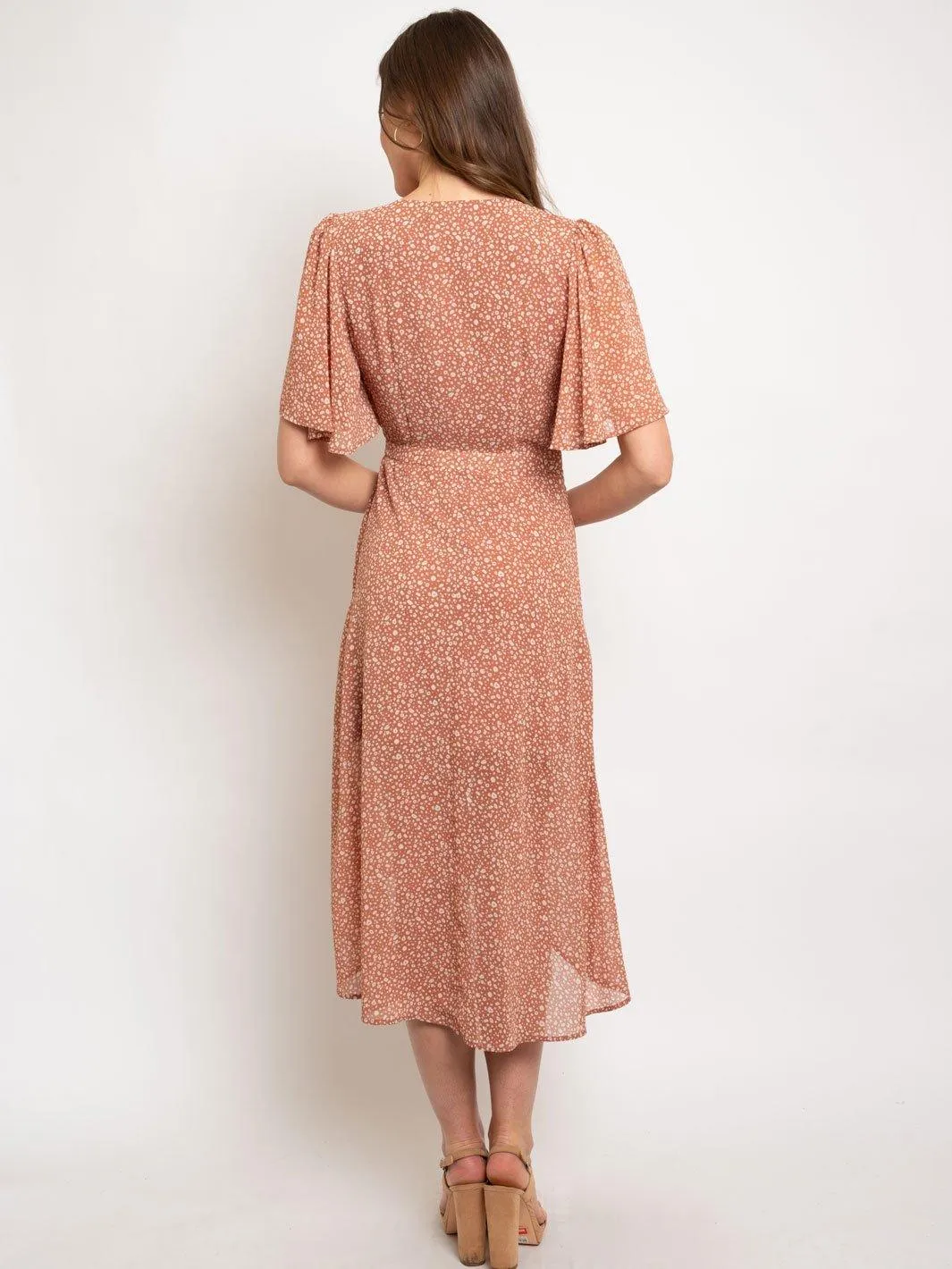 WOMEN'S HALF FLOTTER SLEEVE PRINTED MIDI WRAP DRESS
