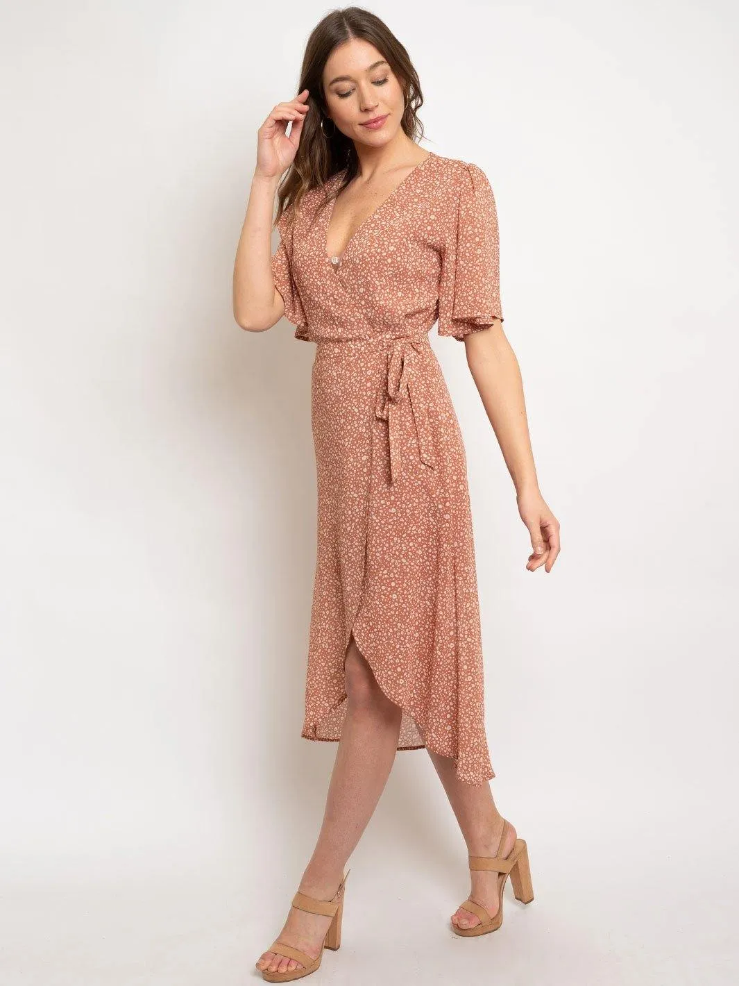 WOMEN'S HALF FLOTTER SLEEVE PRINTED MIDI WRAP DRESS
