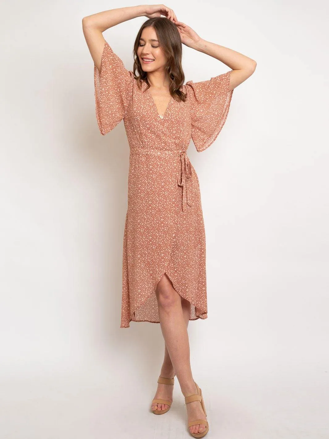 WOMEN'S HALF FLOTTER SLEEVE PRINTED MIDI WRAP DRESS