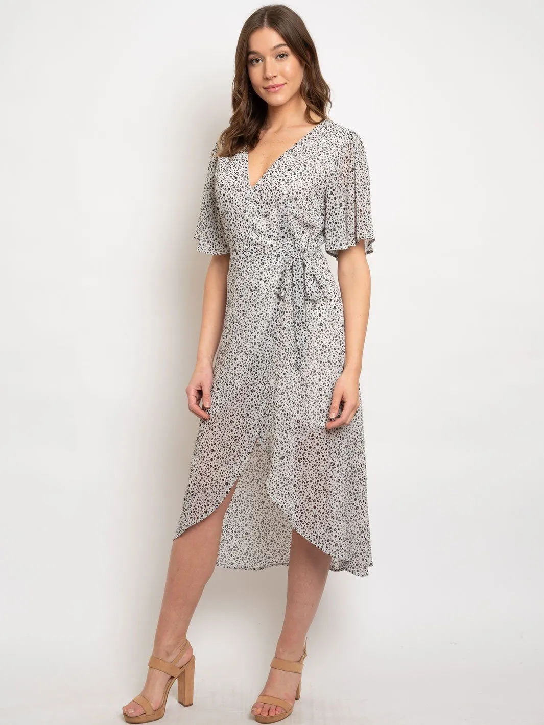 WOMEN'S HALF FLOTTER SLEEVE PRINTED MIDI WRAP DRESS