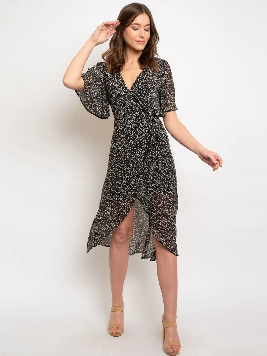 WOMEN'S HALF FLOTTER SLEEVE PRINTED MIDI WRAP DRESS