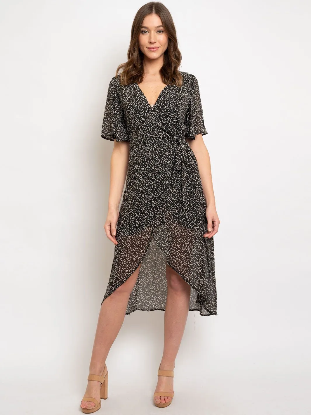 WOMEN'S HALF FLOTTER SLEEVE PRINTED MIDI WRAP DRESS