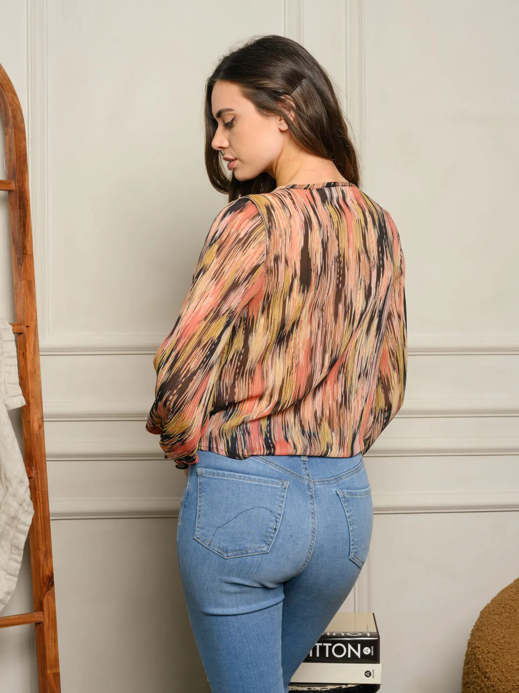 WOMEN'S LONG PUFF SLEEVE MULTI PRINT TOP