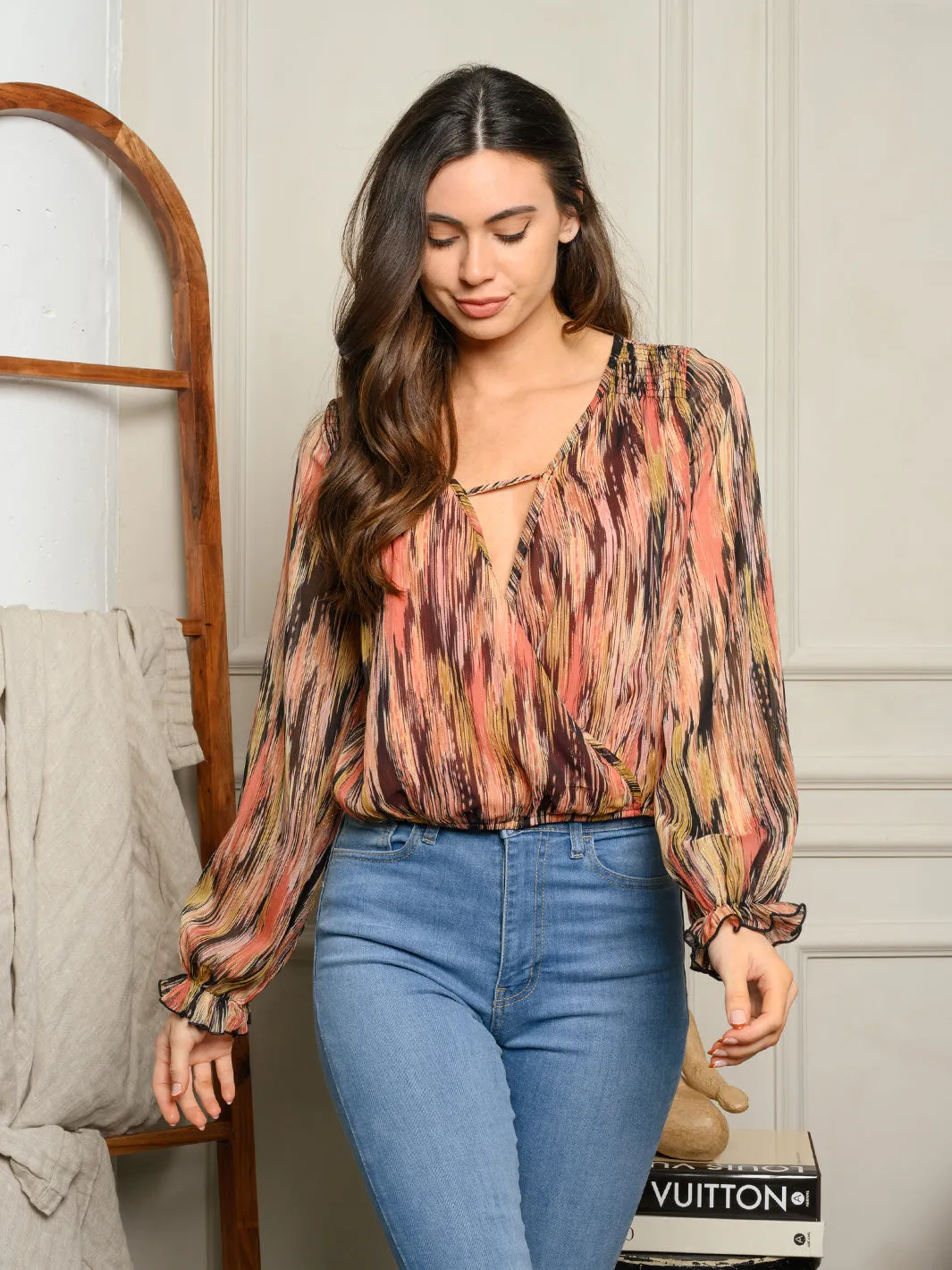 WOMEN'S LONG PUFF SLEEVE MULTI PRINT TOP