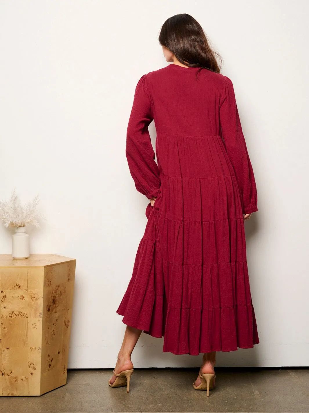 WOMEN'S LONG SLEEVE BUTTON UP TIERED TUNIC MAXI DRESS