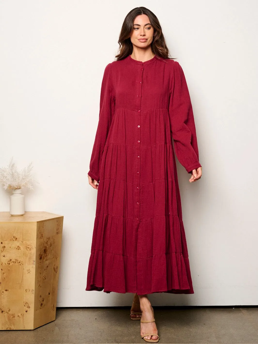 WOMEN'S LONG SLEEVE BUTTON UP TIERED TUNIC MAXI DRESS
