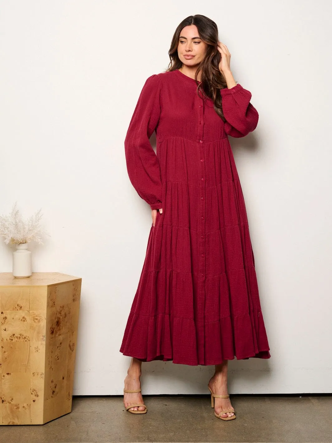 WOMEN'S LONG SLEEVE BUTTON UP TIERED TUNIC MAXI DRESS