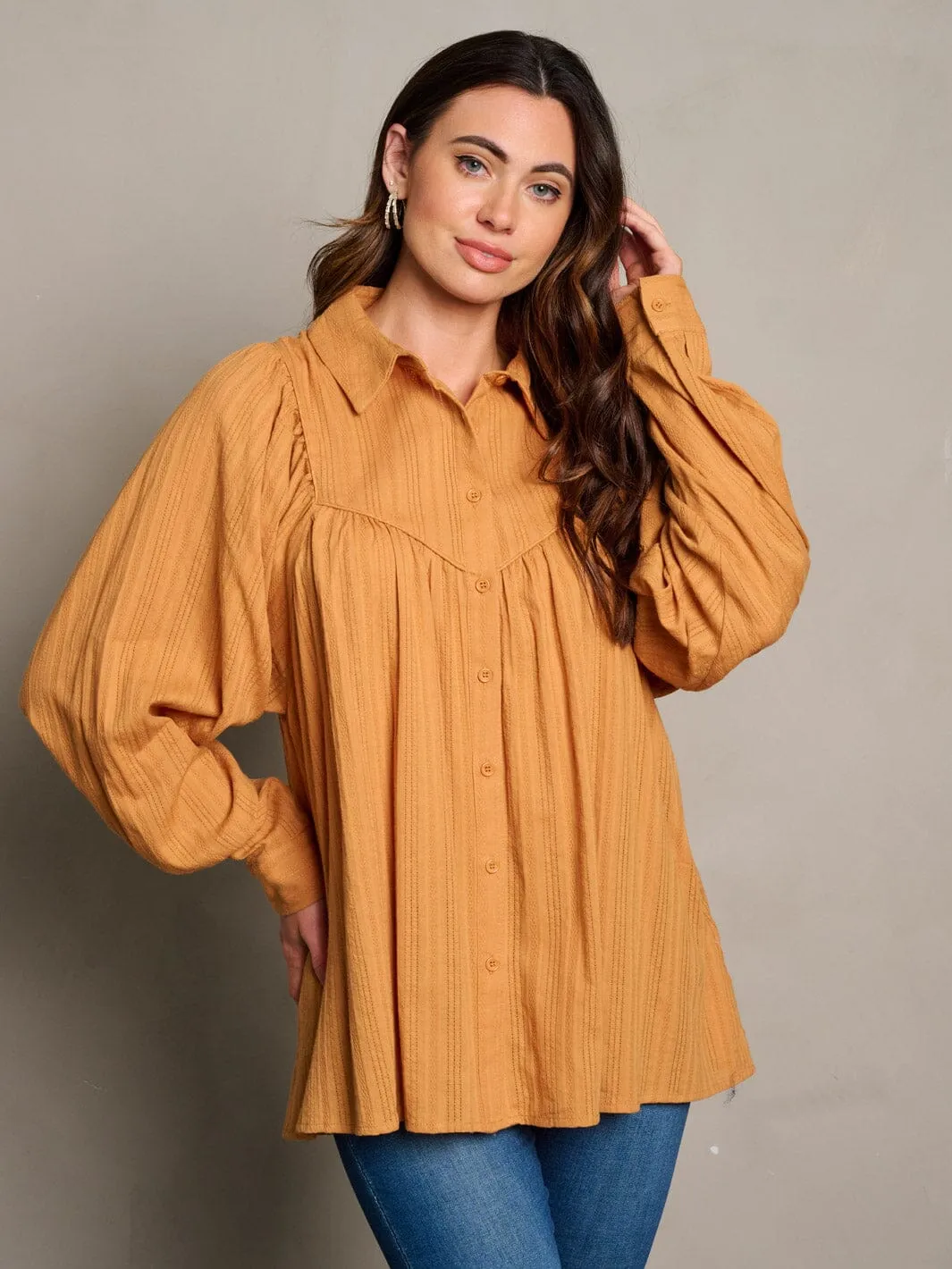 WOMEN'S LONG SLEEVE BUTTON UP TUNIC BLOUSE TOP