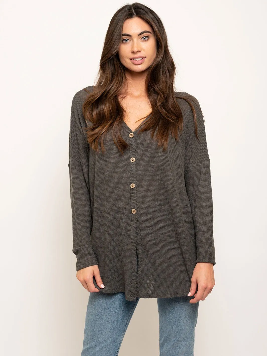 WOMEN'S LONG SLEEVE BUTTONS DETAIL TUNIC TOP