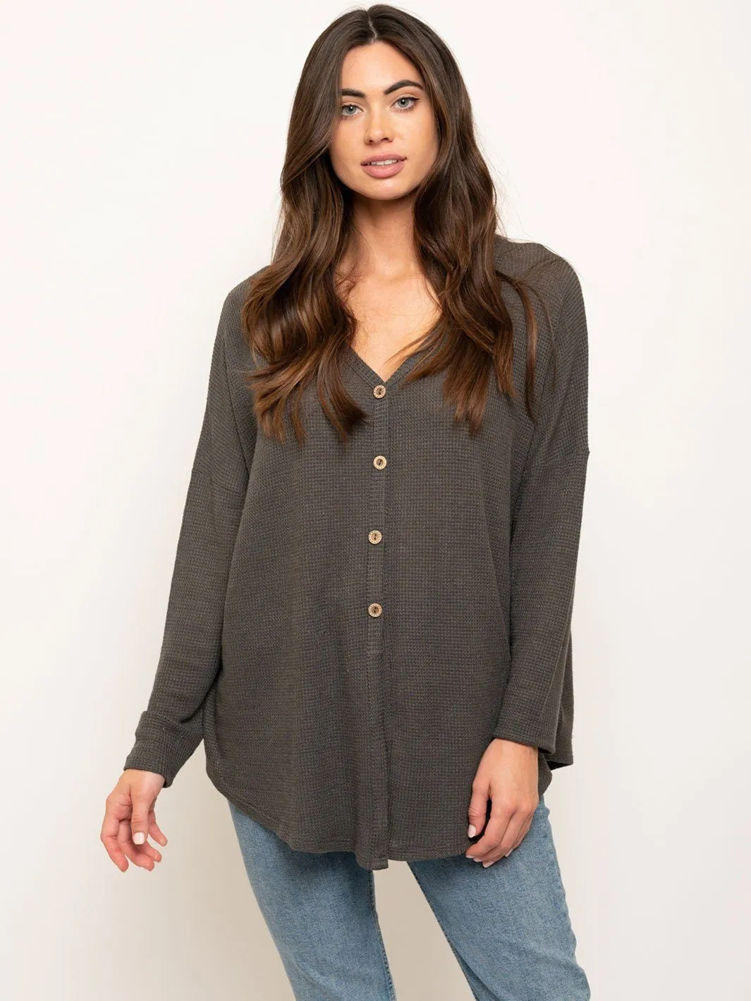 WOMEN'S LONG SLEEVE BUTTONS DETAIL TUNIC TOP