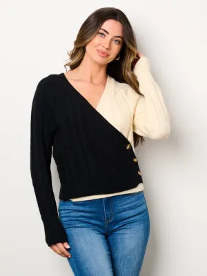 WOMEN'S LONG SLEEVE COLORBLOCK WRAP SWEATER