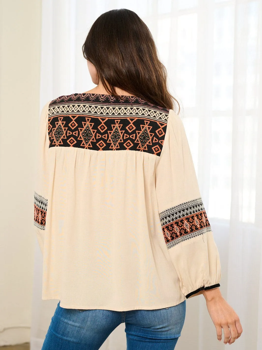 WOMEN'S LONG SLEEVE EMBROIDERY TASSEL TUNIC BLOUSE TOP