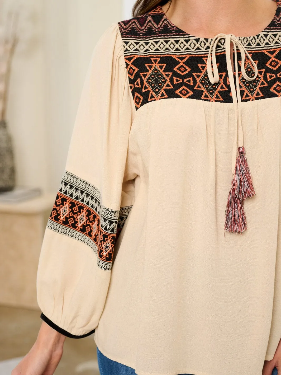WOMEN'S LONG SLEEVE EMBROIDERY TASSEL TUNIC BLOUSE TOP