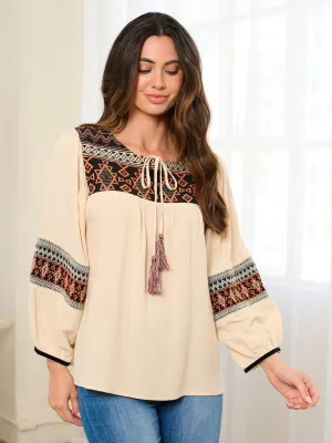 WOMEN'S LONG SLEEVE EMBROIDERY TASSEL TUNIC BLOUSE TOP