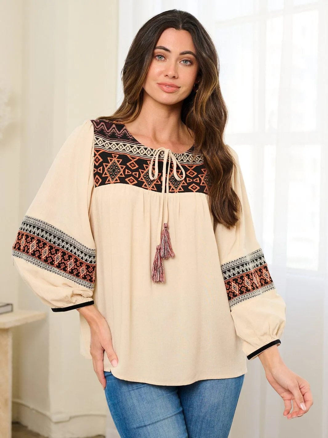 WOMEN'S LONG SLEEVE EMBROIDERY TASSEL TUNIC BLOUSE TOP