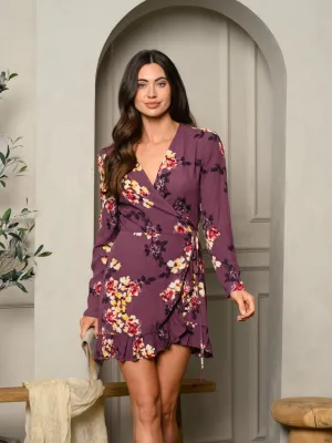 WOMEN'S LONG SLEEVE FLORAL WRAP MINI DRESS