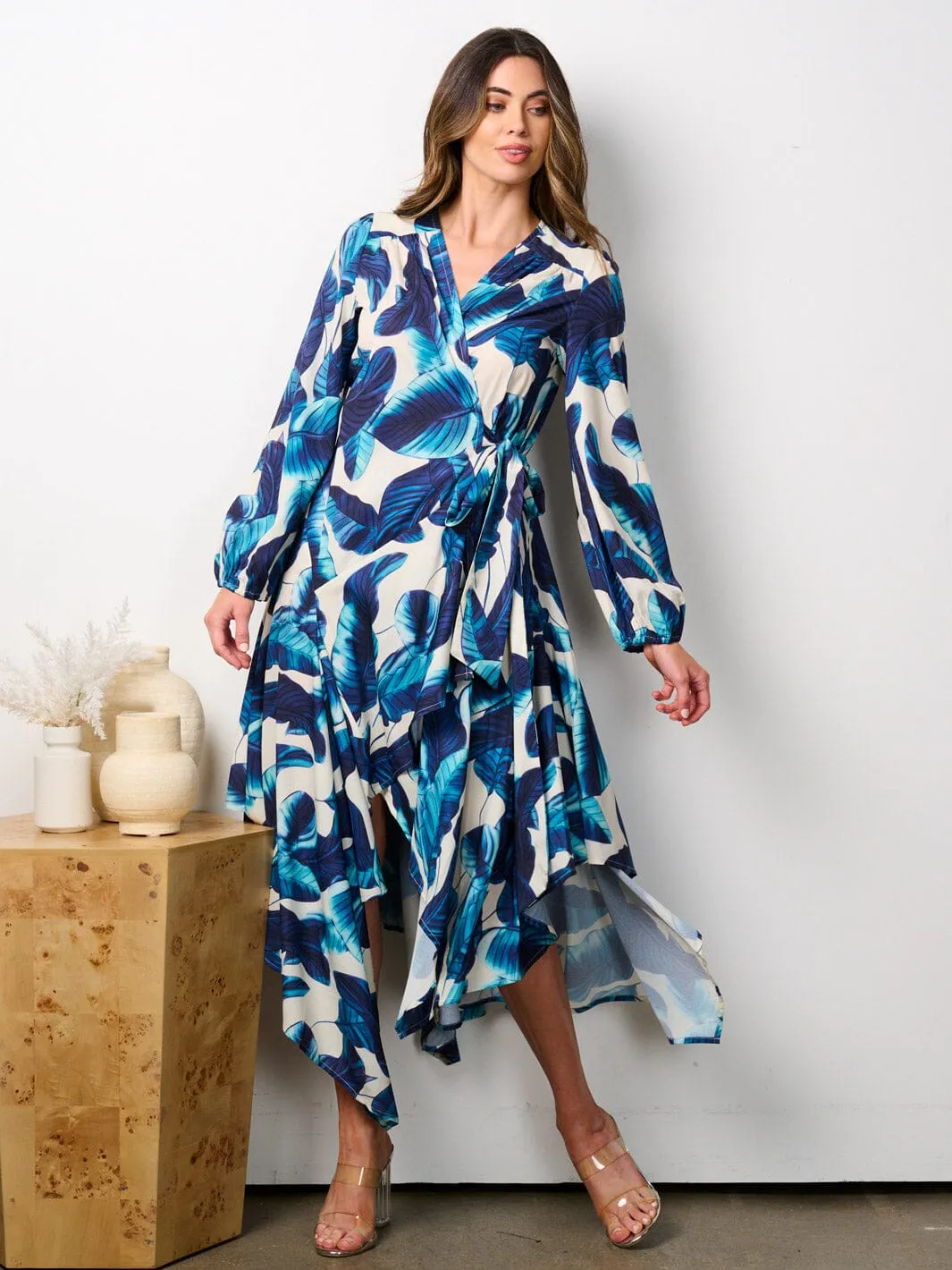 WOMEN'S LONG SLEEVE HIGH LOW LEAF PRINT WRAP MIDI DRESS