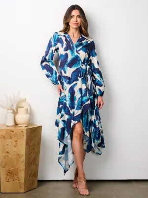 WOMEN'S LONG SLEEVE HIGH LOW LEAF PRINT WRAP MIDI DRESS