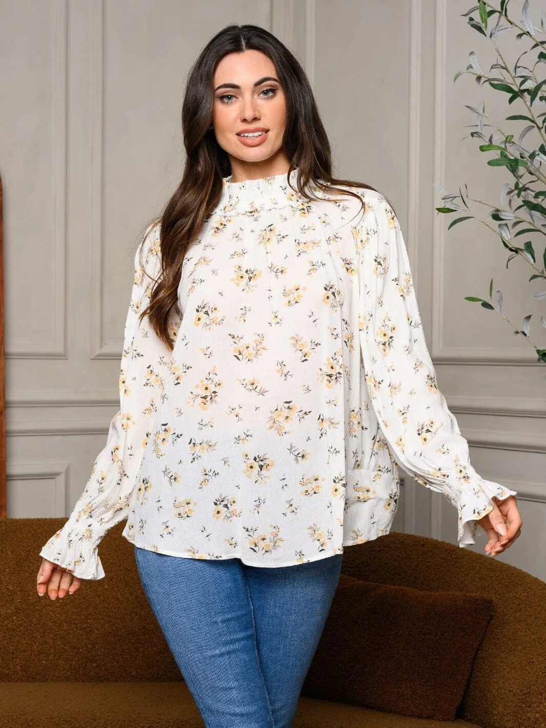 WOMEN'S LONG SLEEVE MOCK NECK FLORAL TUNIC BLOUSE TOP