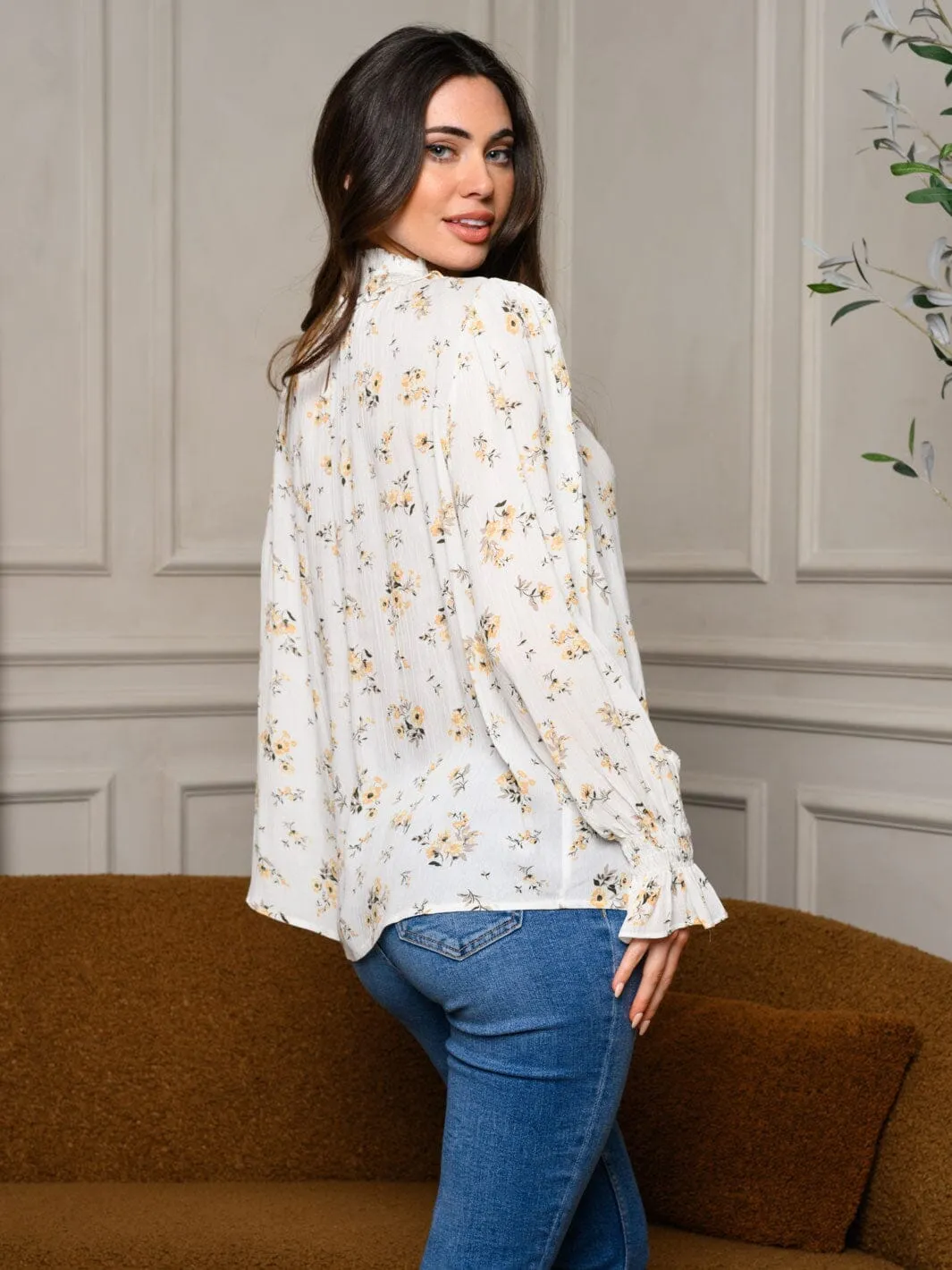 WOMEN'S LONG SLEEVE MOCK NECK FLORAL TUNIC BLOUSE TOP