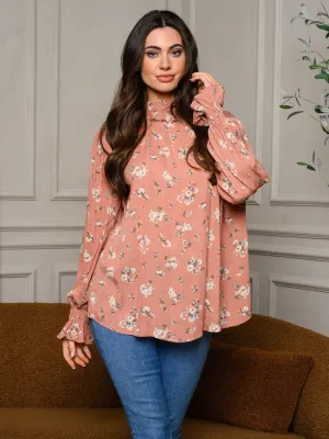 WOMEN'S LONG SLEEVE MOCK NECK FLORAL TUNIC BLOUSE TOP